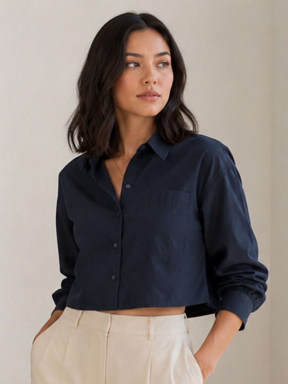 COS Navy Cropped Button Front Cotton Shirt Oversized Long Sleeve Blouse Size L
